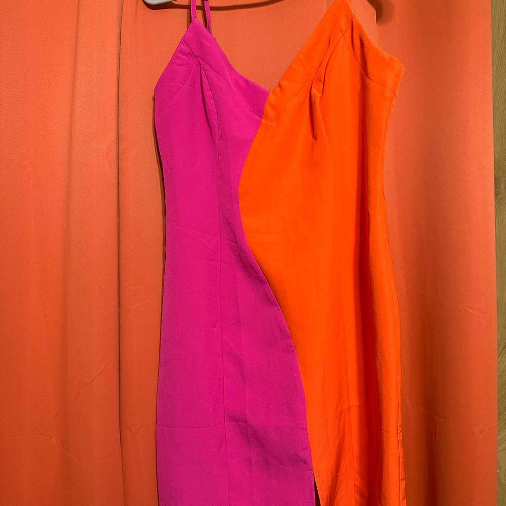Two-Tone Pink & Orange Spaghetti-Strap Mini Dress